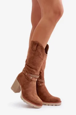 Kozaki Damskie Do Połowy Łydki Na Słupku Ocieplane Camel Ivanelis