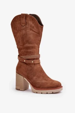 Kozaki Damskie Do Połowy Łydki Na Słupku Ocieplane Camel Ivanelis