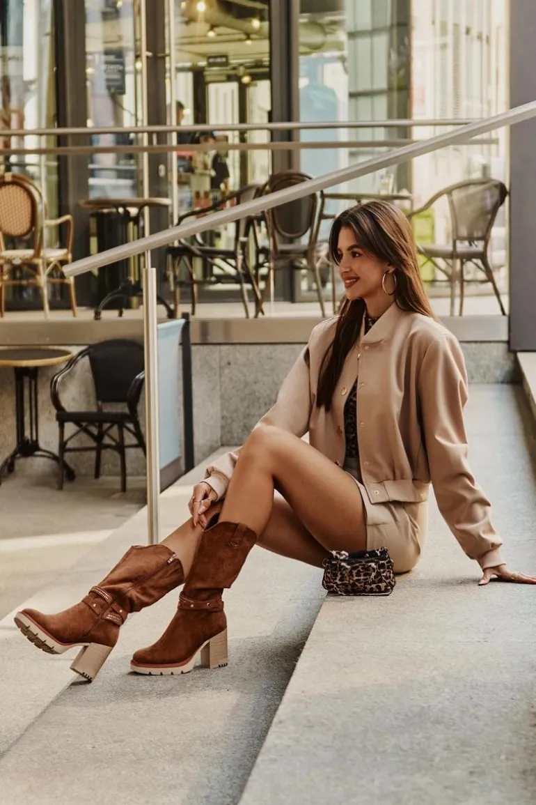 Kozaki Damskie Do Połowy Łydki Na Słupku Ocieplane Camel Ivanelis