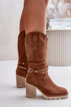 Kozaki Damskie Do Połowy Łydki Na Słupku Ocieplane Camel Ivanelis