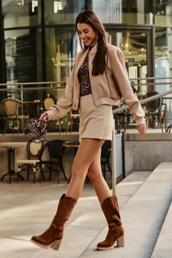 Kozaki Damskie Do Połowy Łydki Na Słupku Ocieplane Camel Ivanelis