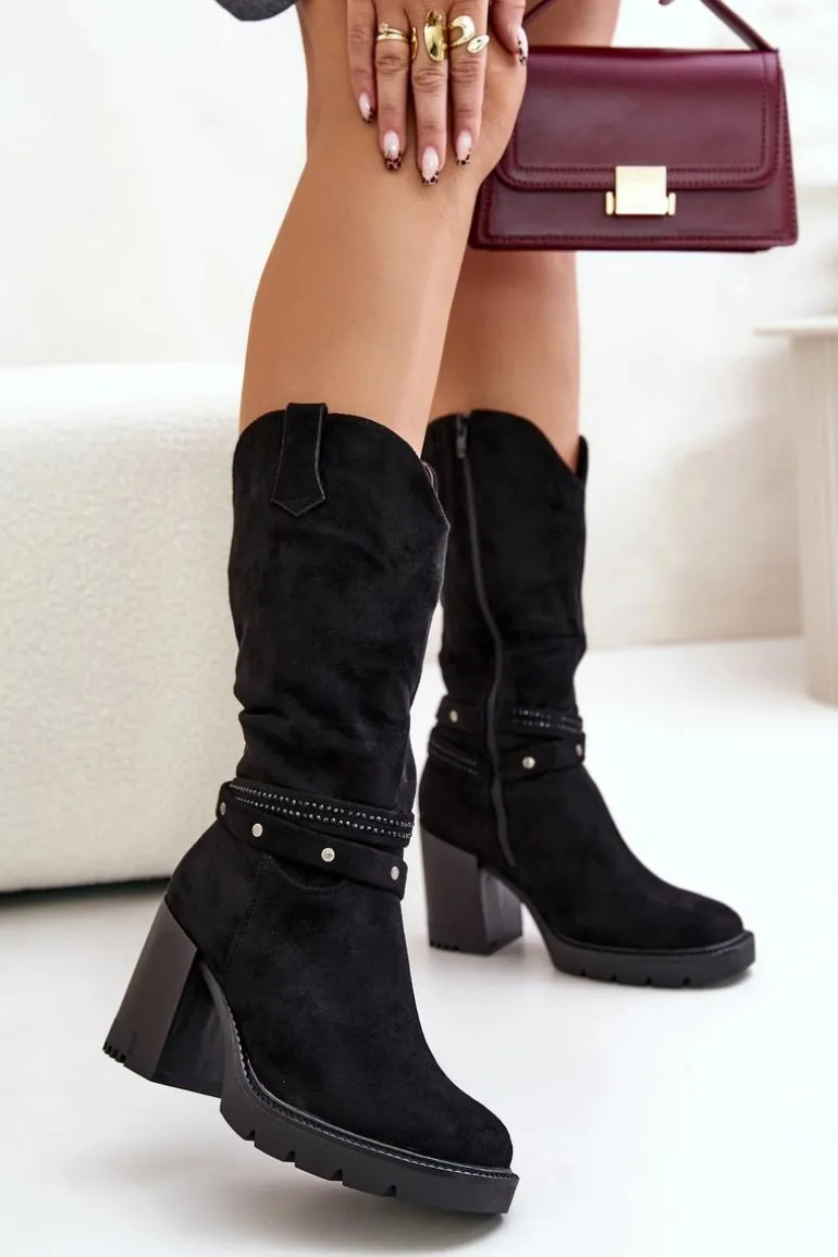 Kozaki Damskie Do Połowy Łydki Na Słupku Ocieplane Czarne Ivanelis