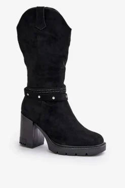 Kozaki Damskie Do Połowy Łydki Na Słupku Ocieplane Czarne Ivanelis