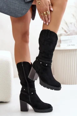 Kozaki Damskie Do Połowy Łydki Na Słupku Ocieplane Czarne Ivanelis