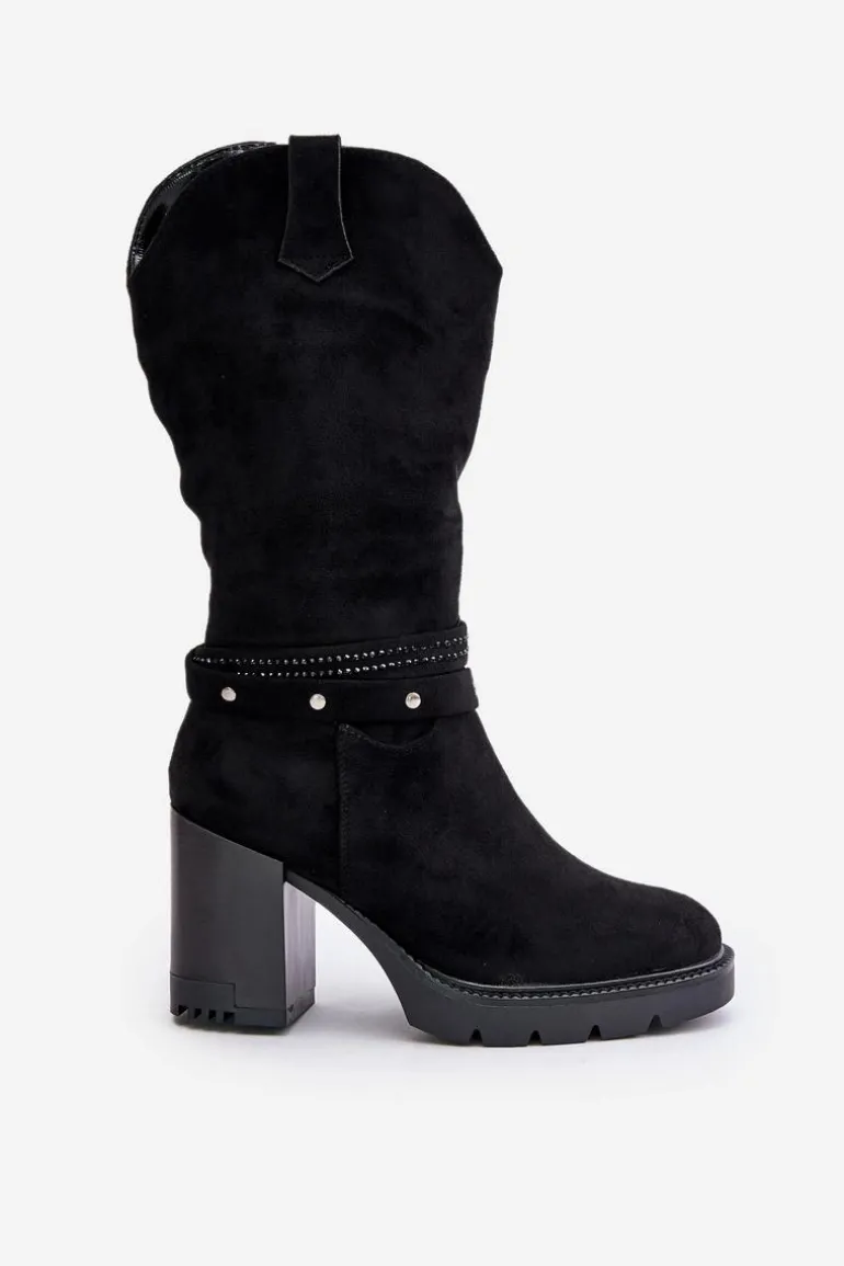 Kozaki Damskie Do Połowy Łydki Na Słupku Ocieplane Czarne Ivanelis