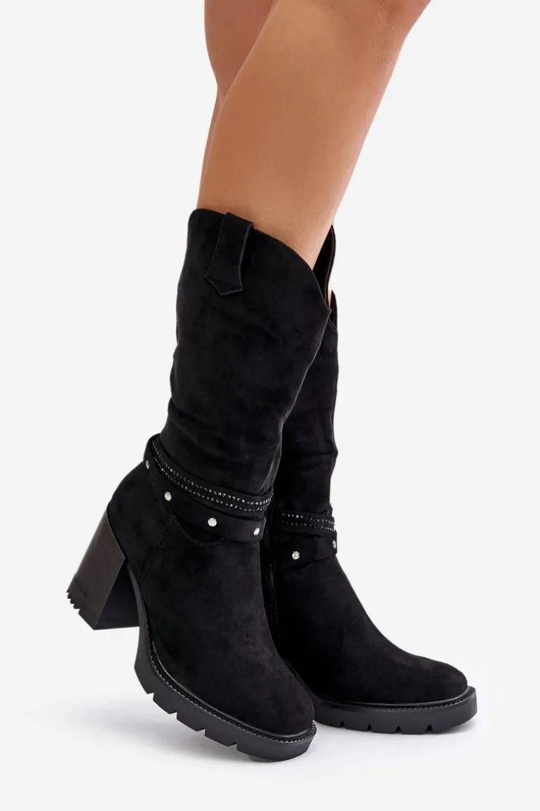 Kozaki Damskie Do Połowy Łydki Na Słupku Ocieplane Czarne Ivanelis