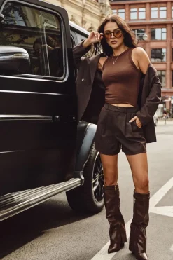 Kozaki Damskie Eko Skórzane Z Wywiniętą Cholewką Na Słupku Brązowe Avamora