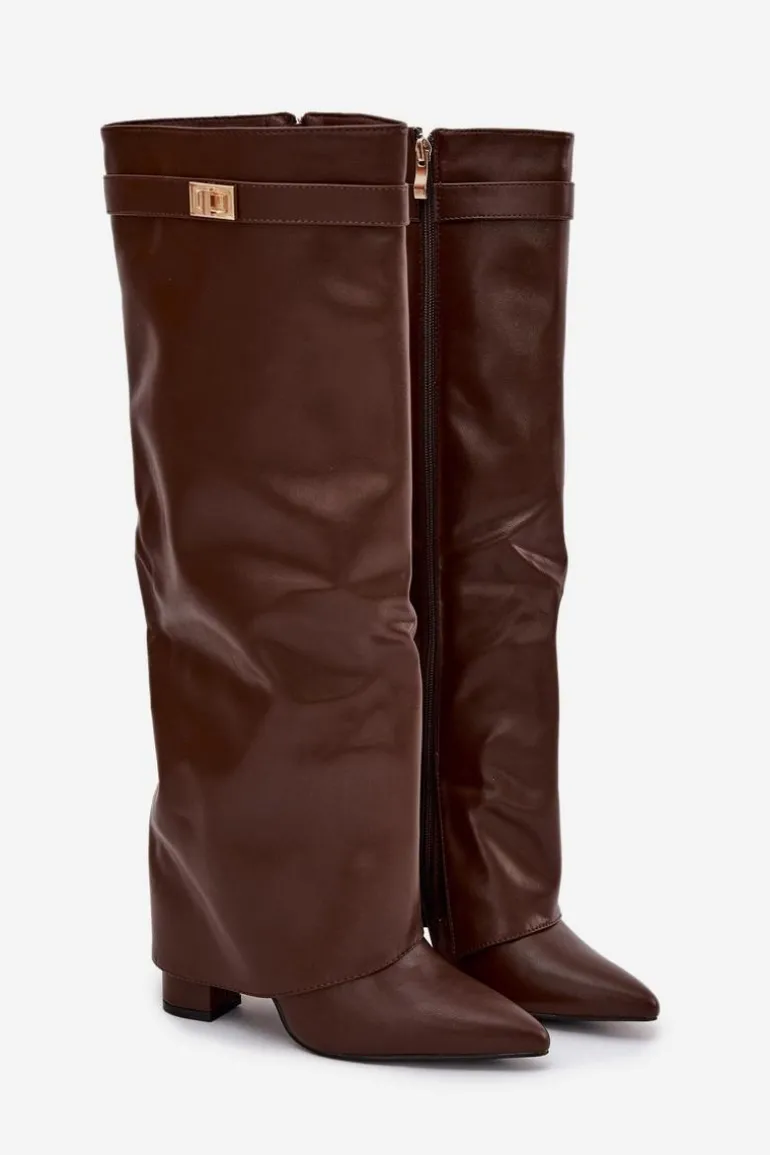 Kozaki Damskie Eko Skórzane Z Wywiniętą Cholewką Na Słupku Brązowe Avamora