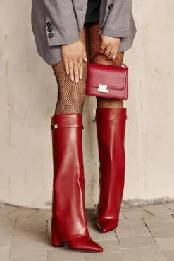 Kozaki Damskie Eko Skórzane Z Wywiniętą Cholewką Na Słupku Bordowe Avamora