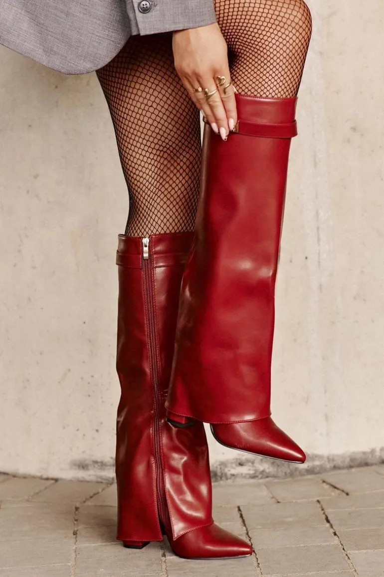 Kozaki Damskie Eko Skórzane Z Wywiniętą Cholewką Na Słupku Bordowe Avamora