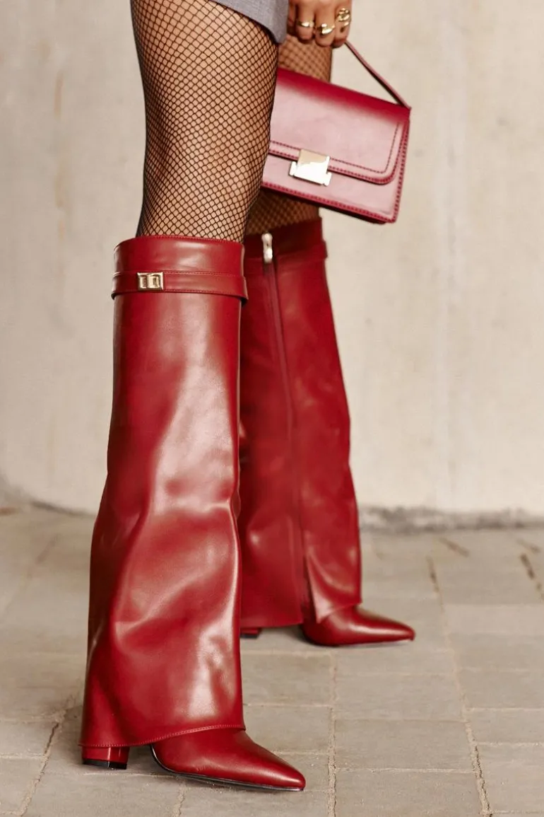 Kozaki Damskie Eko Skórzane Z Wywiniętą Cholewką Na Słupku Bordowe Avamora