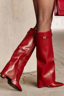 Kozaki Damskie Eko Skórzane Z Wywiniętą Cholewką Na Słupku Bordowe Avamora