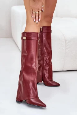 Kozaki Damskie Eko Skórzane Z Wywiniętą Cholewką Na Słupku Bordowe Avamora