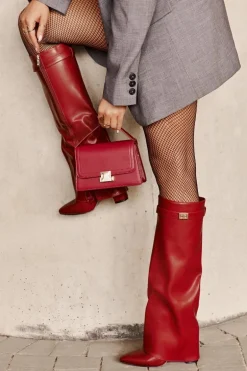 Kozaki Damskie Eko Skórzane Z Wywiniętą Cholewką Na Słupku Bordowe Avamora