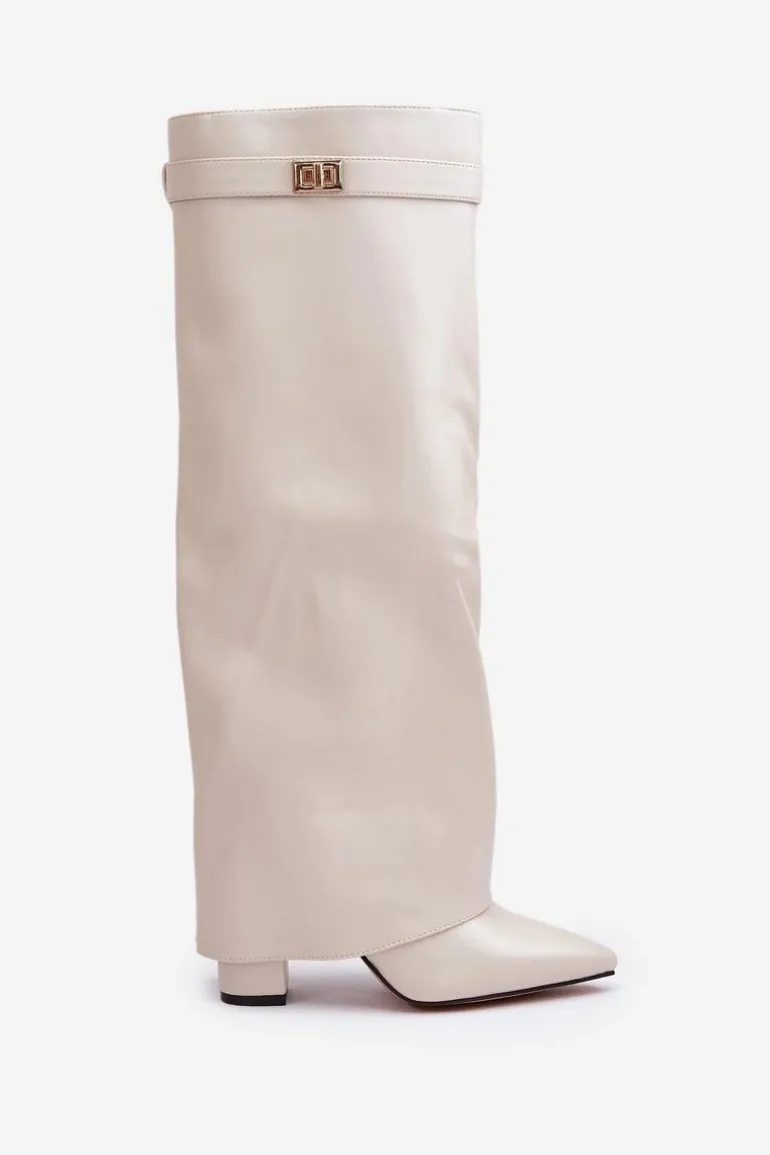 Kozaki Damskie Eko Skórzane Z Wywiniętą Cholewką Na Słupku Jasnobeżowe Avamora