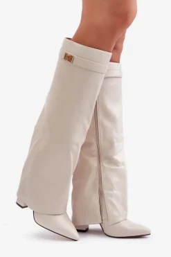 Kozaki Damskie Eko Skórzane Z Wywiniętą Cholewką Na Słupku Jasnobeżowe Avamora
