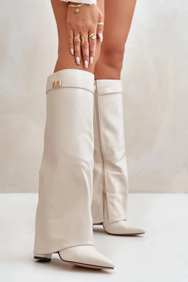 Kozaki Damskie Eko Skórzane Z Wywiniętą Cholewką Na Słupku Jasnobeżowe Avamora