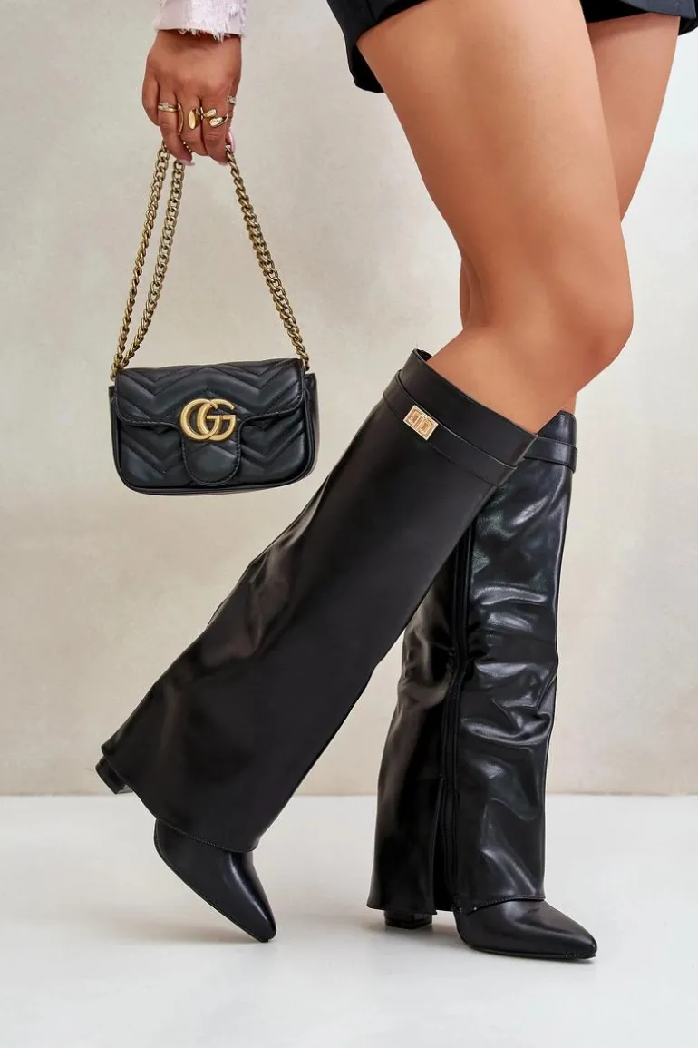 Kozaki Damskie Eko Skórzane Z Wywiniętą Cholewką Na Słupku Czarne Avamora