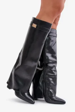 Kozaki Damskie Eko Skórzane Z Wywiniętą Cholewką Na Słupku Czarne Avamora