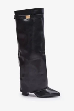 Kozaki Damskie Eko Skórzane Z Wywiniętą Cholewką Na Słupku Czarne Avamora