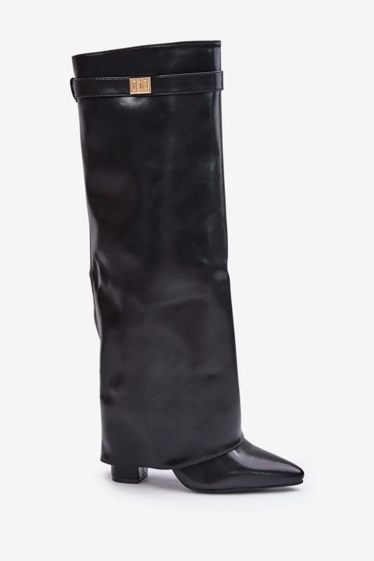 Kozaki Damskie Eko Skórzane Z Wywiniętą Cholewką Na Słupku Czarne Avamora