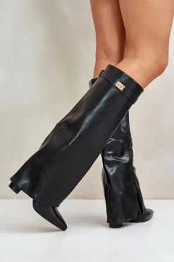 Kozaki Damskie Eko Skórzane Z Wywiniętą Cholewką Na Słupku Czarne Avamora