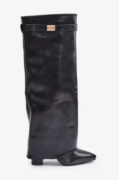 Kozaki Damskie Eko Skórzane Z Wywiniętą Cholewką Na Słupku Czarne Avamora