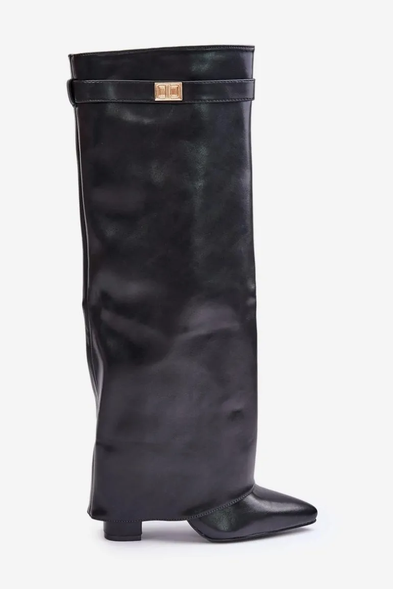 Kozaki Damskie Eko Skórzane Z Wywiniętą Cholewką Na Słupku Czarne Avamora