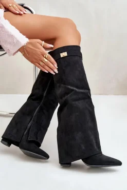 Kozaki Damskie Eko Zamszowe Z Wywiniętą Cholewką Na Słupku Czarne Bralise