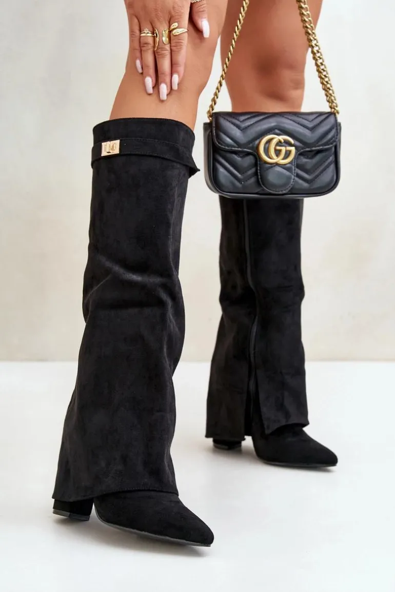 Kozaki Damskie Eko Zamszowe Z Wywiniętą Cholewką Na Słupku Czarne Bralise