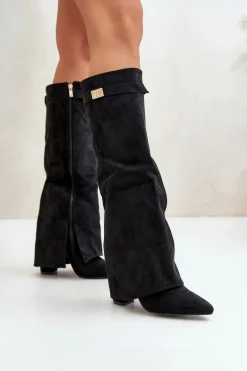 Kozaki Damskie Eko Zamszowe Z Wywiniętą Cholewką Na Słupku Czarne Bralise