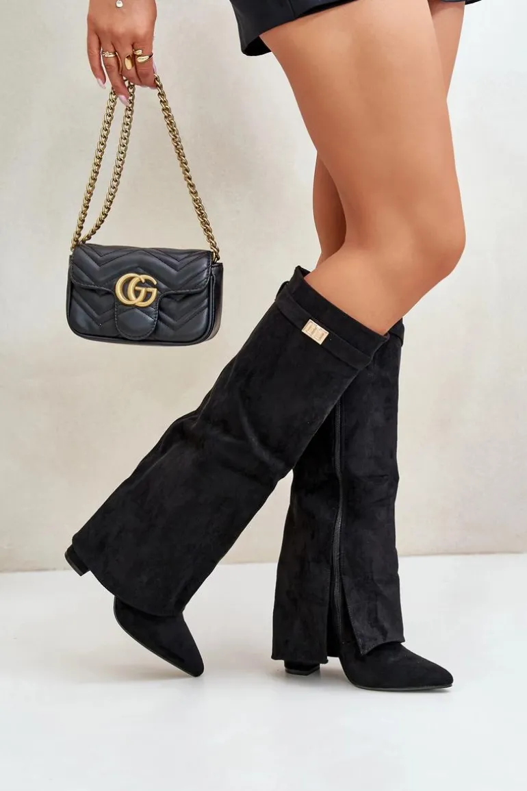 Kozaki Damskie Eko Zamszowe Z Wywiniętą Cholewką Na Słupku Czarne Bralise