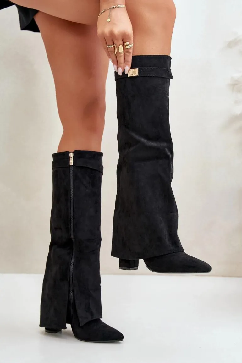 Kozaki Damskie Eko Zamszowe Z Wywiniętą Cholewką Na Słupku Czarne Bralise