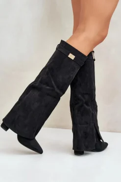 Kozaki Damskie Eko Zamszowe Z Wywiniętą Cholewką Na Słupku Czarne Bralise