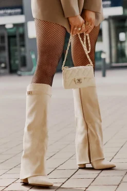 Kozaki Damskie Eko Zamszowe Z Wywiniętą Cholewką Na Słupku Beżowe Bralise