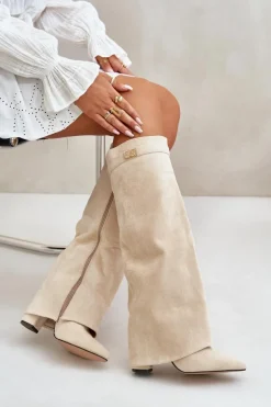 Kozaki Damskie Eko Zamszowe Z Wywiniętą Cholewką Na Słupku Beżowe Bralise