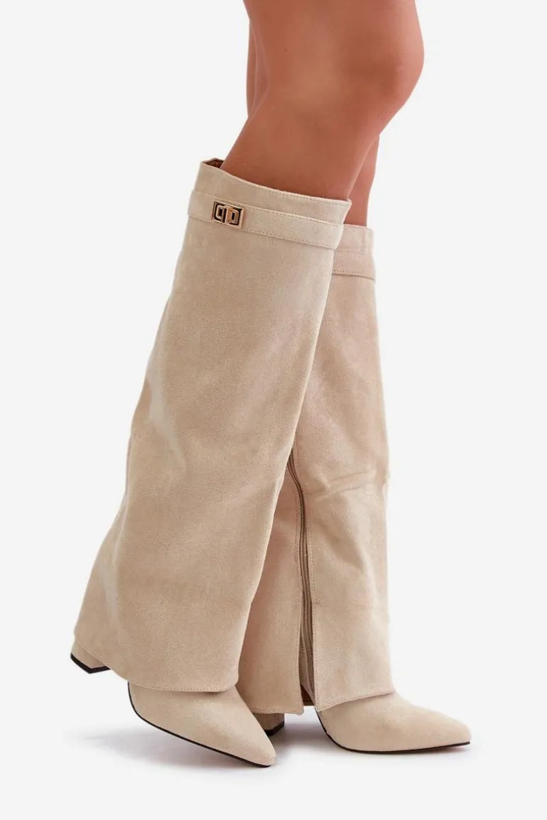 Kozaki Damskie Eko Zamszowe Z Wywiniętą Cholewką Na Słupku Beżowe Bralise