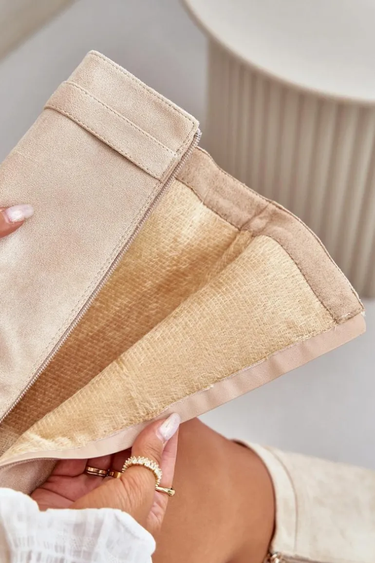 Kozaki Damskie Eko Zamszowe Z Wywiniętą Cholewką Na Słupku Beżowe Bralise