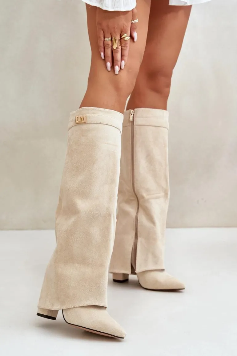 Kozaki Damskie Eko Zamszowe Z Wywiniętą Cholewką Na Słupku Beżowe Bralise