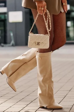 Kozaki Damskie Eko Zamszowe Z Wywiniętą Cholewką Na Słupku Beżowe Bralise