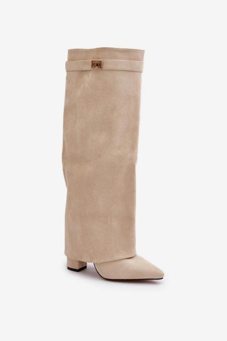 Kozaki Damskie Eko Zamszowe Z Wywiniętą Cholewką Na Słupku Beżowe Bralise