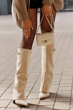 Kozaki Damskie Eko Zamszowe Z Wywiniętą Cholewką Na Słupku Beżowe Bralise