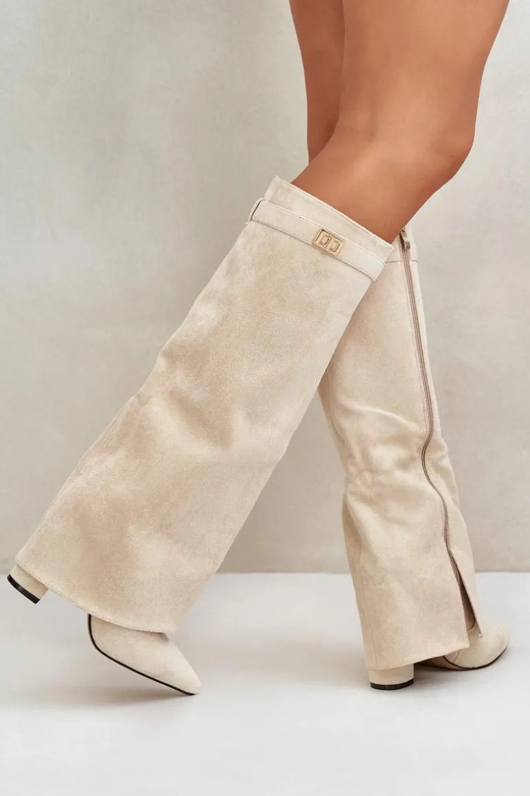 Kozaki Damskie Eko Zamszowe Z Wywiniętą Cholewką Na Słupku Beżowe Bralise