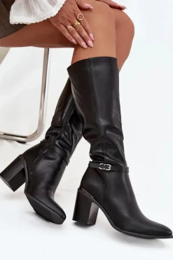 Kozaki Damskie Muszkieterki Ocieplane Na Słupku Z Klamrą Sergio Leone KZ25738 Czarne