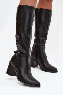 Kozaki Damskie Muszkieterki Ocieplane Na Słupku Z Klamrą Sergio Leone KZ25738 Czarne