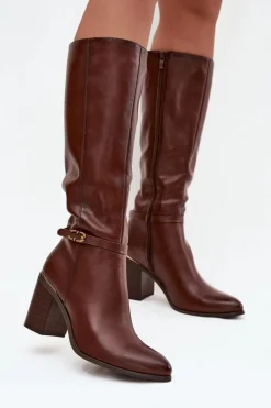 Kozaki Damskie Muszkieterki Ocieplane Na Słupku Z Klamrą Sergio Leone KZ25738 Brązowe