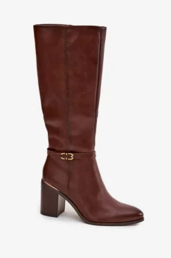 Kozaki Damskie Muszkieterki Ocieplane Na Słupku Z Klamrą Sergio Leone KZ25738 Brązowe