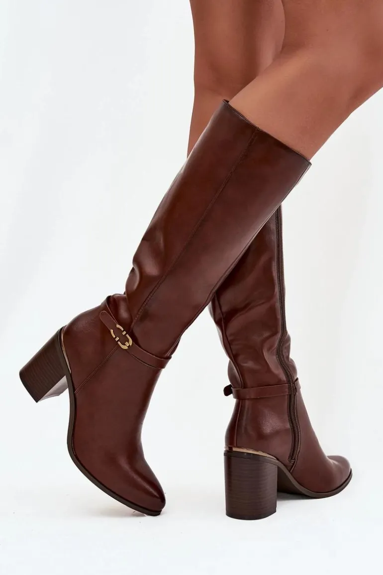 Kozaki Damskie Muszkieterki Ocieplane Na Słupku Z Klamrą Sergio Leone KZ25738 Brązowe