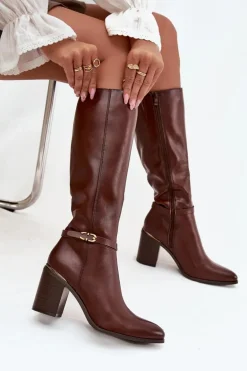 Kozaki Damskie Muszkieterki Ocieplane Na Słupku Z Klamrą Sergio Leone KZ25738 Brązowe