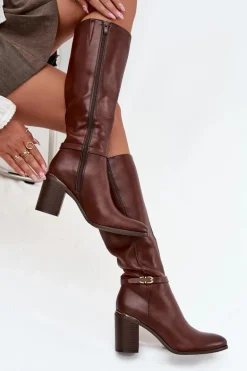 Kozaki Damskie Muszkieterki Ocieplane Na Słupku Z Klamrą Sergio Leone KZ25738 Brązowe